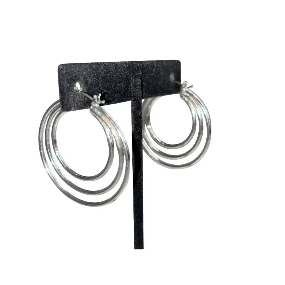 Silver Tone Triple Tiered Hoop Earrings - Modern & Stylish!
